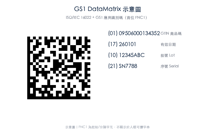 GS1 DataMatrix 示意：含 GTIN / 效期 / 批號 / 序號 應用識別碼